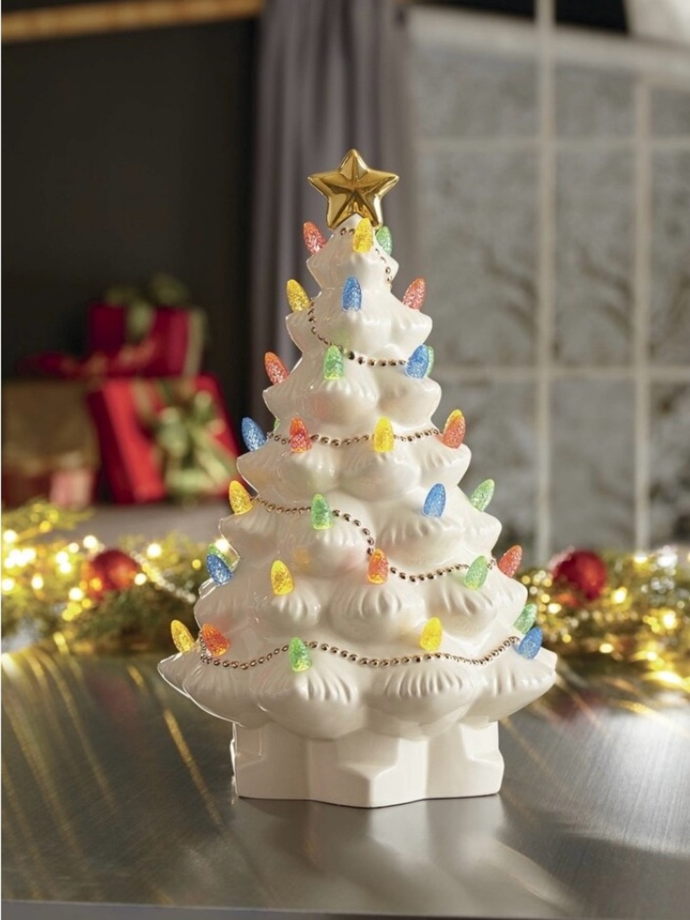 Lenox White Ceramic Christmas Tree with Multicolor Lights and Gold Star